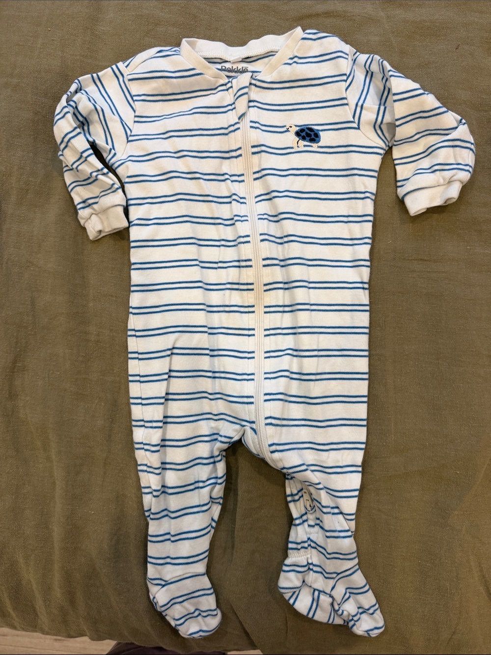 4/ $25 Pekkle Blue Striped Footed One-Piece Pajamas with Turtle Accent